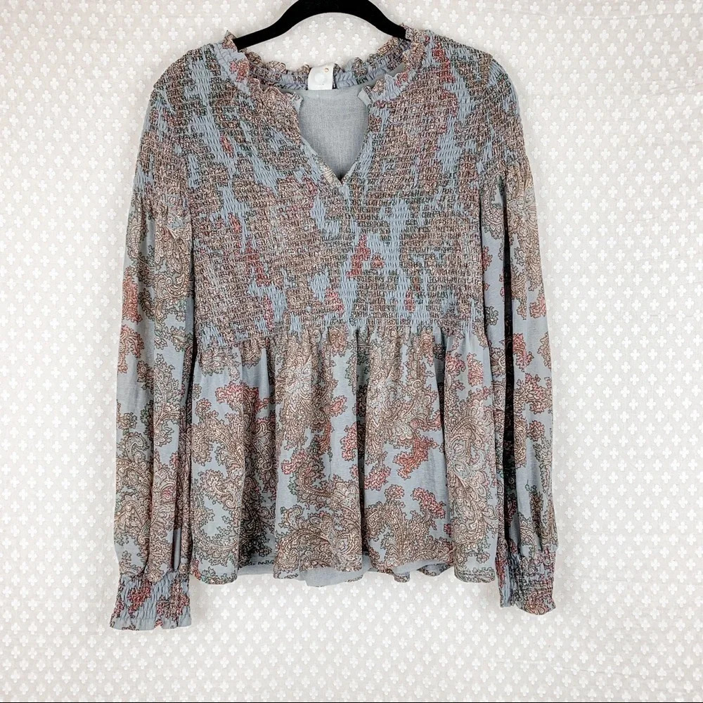 Anthropologie Women Top Sz S Akemi Kin Paisley Smocked Peasant Long Sleeve Boho - Picture 2 of 8